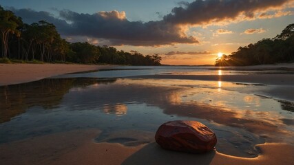 Serene sunset over a tranquil river with reflections, surrounded by lush trees and sandy shore