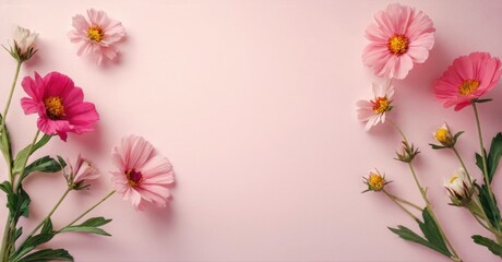 Naklejka premium Pink cosmos flowers arranged on pastel pink background. Delicate blooms, soft lighting, simple composition. Floral beauty.