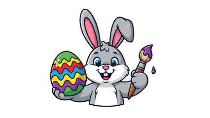 A cute cartoon Easter bunny holding a paintbrush and a vibrantly decorated Easter egg.