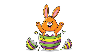 An adorable orange bunny is joyfully emerging from a cracked, colorful Easter egg.