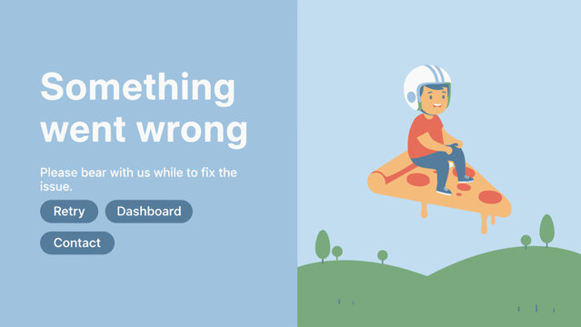 Something Went Wrong Error Page Template: Funny Illustration of Boy Riding a Flying Pizza Slice. 500, 404, or Server Maintenance Message UI/UX Design.