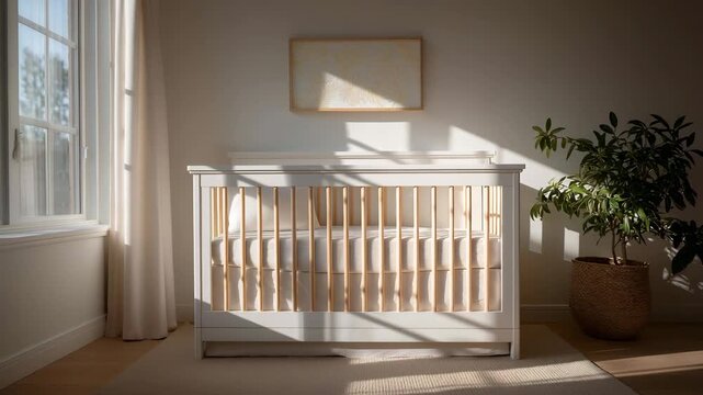 Minimal nursery scene with a crib as the focal point, uncluttered space expressing calm, balance, and mindful parenting choices. cinematic color correction, natural uneven lighting yet gentle