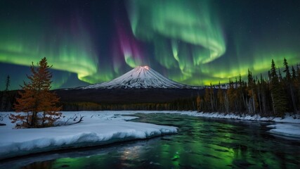 Majestic view of Mount Fuji under vibrant auroras reflecting on a serene river during nightfall