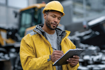 A focused construction worker, wearing a helmet and yellow raincoat, meticulously analyzes plans on a clipboard amidst a misty, snow-covered construction site.