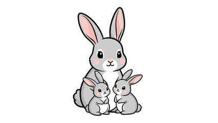 Obraz premium A charming illustration of a mother rabbit with her two adorable baby bunnies, depicted in a simple, clean cartoon style.