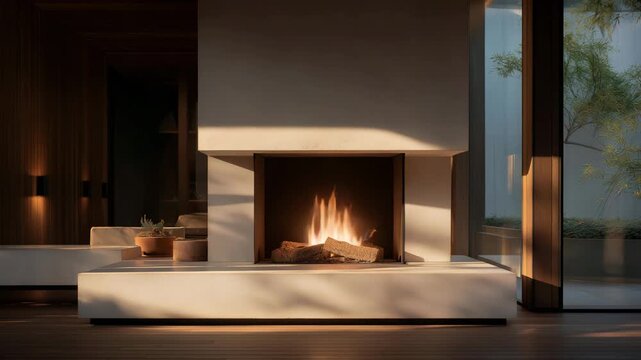 Modern fireplace set within a minimalist interior, smooth surfaces and controlled flames reflecting sophistication, relaxation, and intentional living. cinematic color correction, natural uneven
