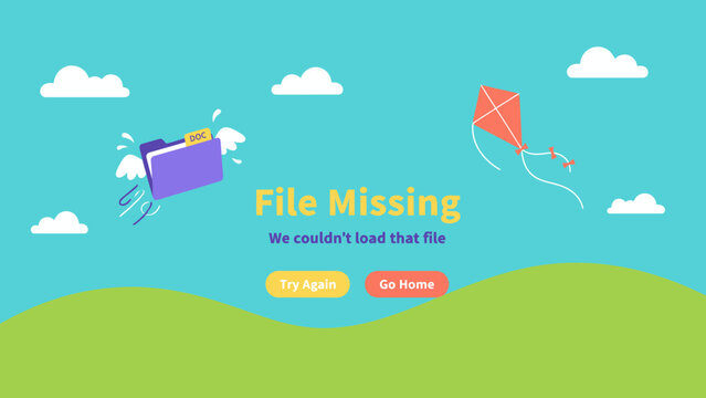 File Missing Error Page: Cute 404 Screen Design. UI/UX Interface Illustration with Flying Document Folder, Kite, and Hills.