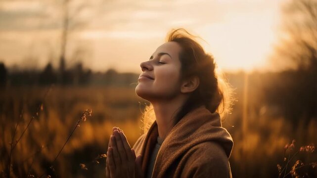Serene woman with hands in prayer meditating outdoors in warm evening light expressing mindfulness gratitude and deep inner calm


