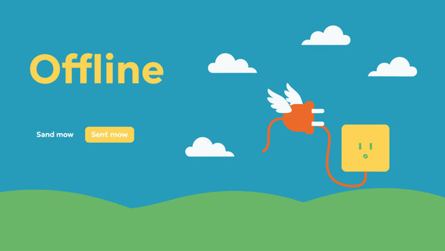 Offline Connection Lost Screen. Creative Flat Vector Error Page Template with Flying Power Plug Disconnected from Socket