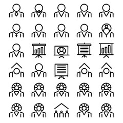 A collection of black and white icons representing various business and presentation themes, including individuals, presentations, and graphs.