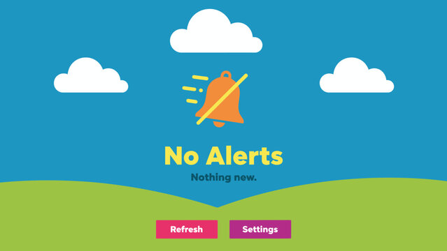 No Alerts Empty State Screen UX/UI Design. Flat illustration showing a crossed-out notification bell icon, indicating quiet mode or zero new messages, with Refresh and Settings buttons.
