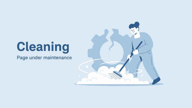 System Cleaning and Update Concept: Worker Sweeping Dust on Website Page Under Maintenance Screen Illustration