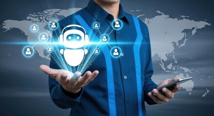 Virtual Assistant Concept: Man Holding Hologram of Chatbot Connected to People Over a World Map