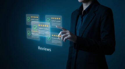 A businessman in a suit interacting with a digital interface displaying glowing review cards with green checkmarks and five-star ratings.