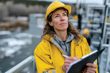 A thoughtful woman in yellow work gear takes notes on a construction site, showcasing the increasing representation of women in traditionally male-dominated fields.