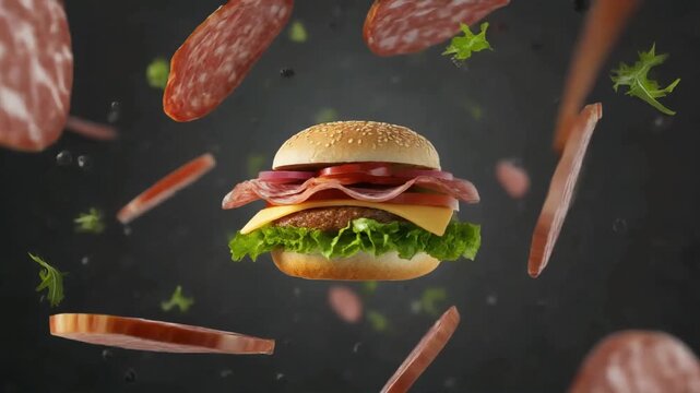 Meat, cheese, greens orbiting around burger at the center. Suitable for commercial menu