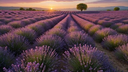 Obraz premium Expansive lavender fields in bloom at sunset, showcasing vibrant colors and serene landscape