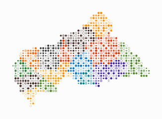 Obraz premium Central African Republic, shape of the country build of colored cells. Digital style map of the Central African Republic on white background. Small size circle blocks. Plain vector illustration.