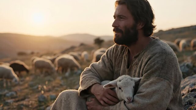 Jesus the shepherd tends his flock in a pastoral landscape at sunset. A concept of spiritual care and guidance in a religious theme. Christianity, Orthodoxy.