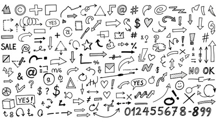 Fototapeta premium A large collection of hand-drawn doodle icons including arrows, symbols, numbers, and speech bubbles.