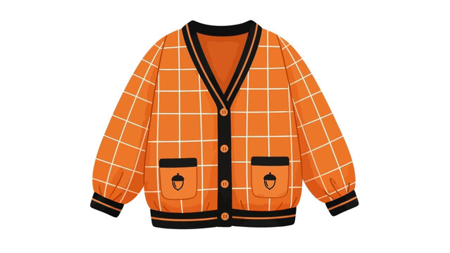 A vibrant orange checkered cardigan with black and white trim, featuring acorn pocket details and a V-neckline, presented on a white background.