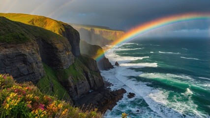 Breathtaking coastal cliffs with vibrant flowers under a rainbow, capturing nature's beauty at sunset