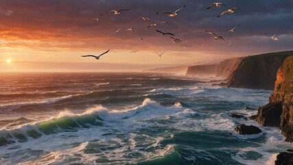 Serene coastal sunset with seagulls flying over crashing waves and rugged cliffs in the background