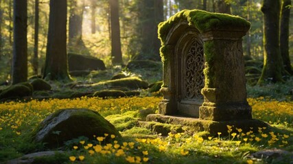Ancient stone monument covered in moss surrounded by vibrant yellow flowers in a sunlit forest