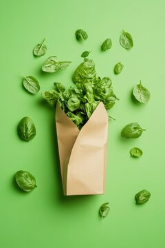 Fresh green basil leaves spilling from a paper bag, surrounded by scattered leaves on a vibrant green background, symbolizing healthy eating and garden bounty.