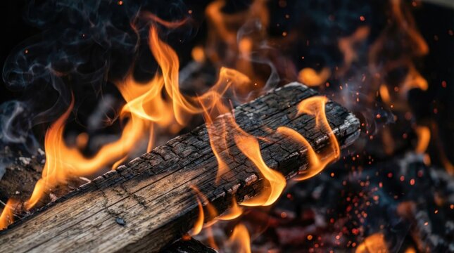 Blank wooden table with fire and smoke concept. A close-up view of vibrant flames dancing over a wooden log.