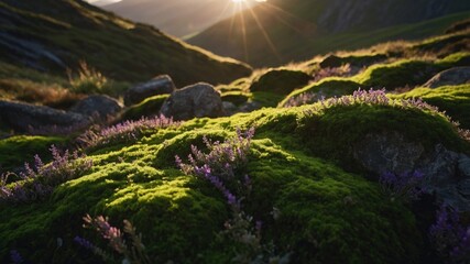 Lush green moss and purple flowers blanket rocky terrain under a golden sunset in a serene landscape