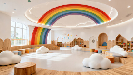 Childlike Rainbow Ceiling and Cloud Cushion Children's Space