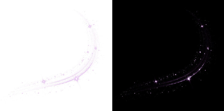 Shimmering purple magical glitter arc with sparkling particles and star flares. Transparent PNG overlay for fantasy designs, frames, invitations, social media, posters, and motion graphics effects.