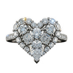 A stunning heart-shaped diamond cluster ring with multiple cuts on a black background isolated on transparent background, illustration