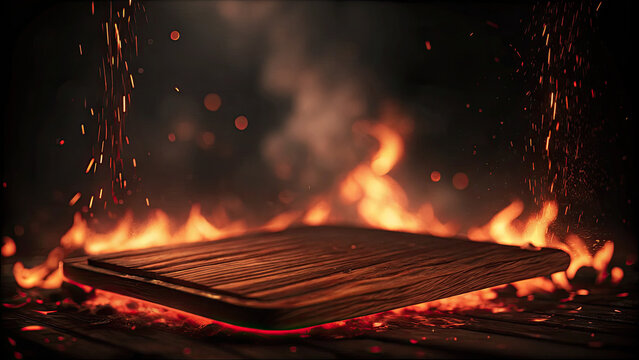 Blank wooden table with fire and smoke concept. A wooden board surrounded by vibrant flames and smoke.