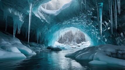 Majestic ice cave with shimmering blue ice formations and tranquil water reflecting the surroundings