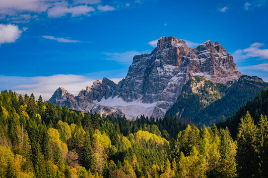 DOLOMITES, ITALY: View of Monte Pelmo, a prominent Dolomite mountain rising to 3,168 meters, located between the valleys of Zoldo and Cadore and known for its distinctive massive shape