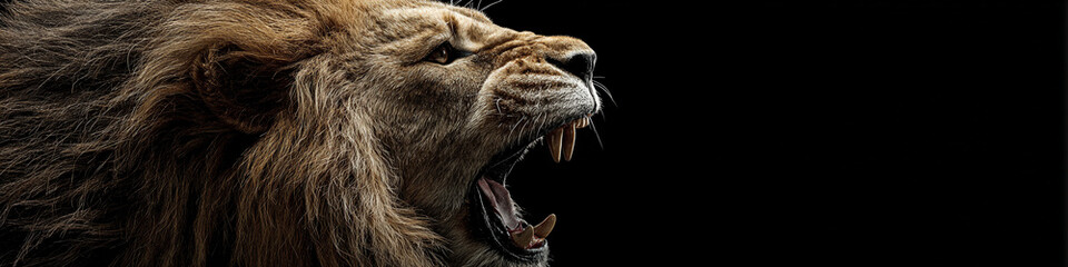 A fierce lion with its mouth open is set against a black background