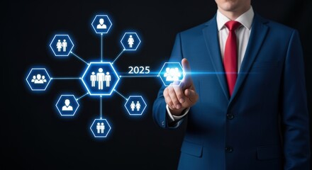 Future Business Network Concept: Businessman Interacting with Virtual Teamwork, Connection, and Technology for Growth in 2025
