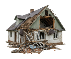 Damaged house reconstruction urban area destruction exterior isolated on transparent background