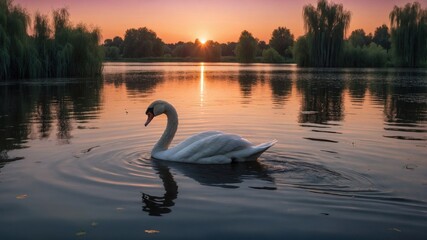 Serene sunset over a tranquil lake with a swan gliding peacefully across the water&rsquo;s surface