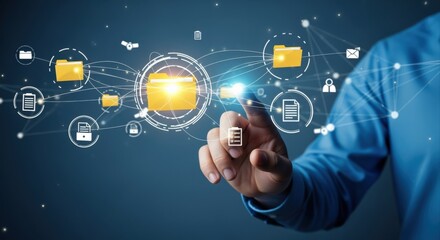 Data Management and File Organization: Businessman Interacting with Digital Folders and Documents on Virtual Interface