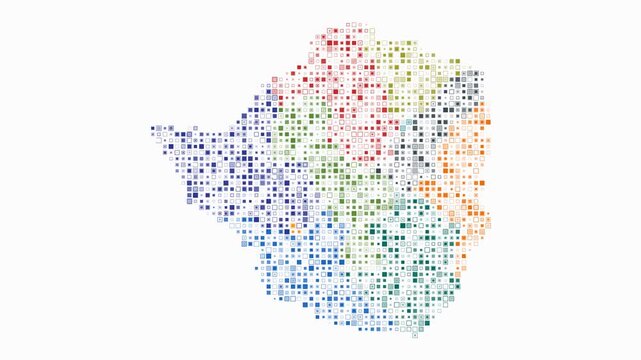 Zimbabwe animated country shape. Pulsating colored dots on the map of the country. Small size square blocks. Digital style Zimbabwe map on white background. Trending animation video.