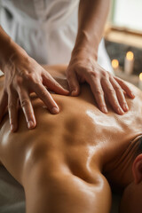 Massage therapy session with hands applying pressure on back of a person lying on a table