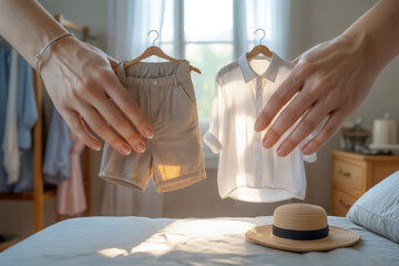 Hands holding summer clothing items above a bed with soft natural light and cozy atmosphere