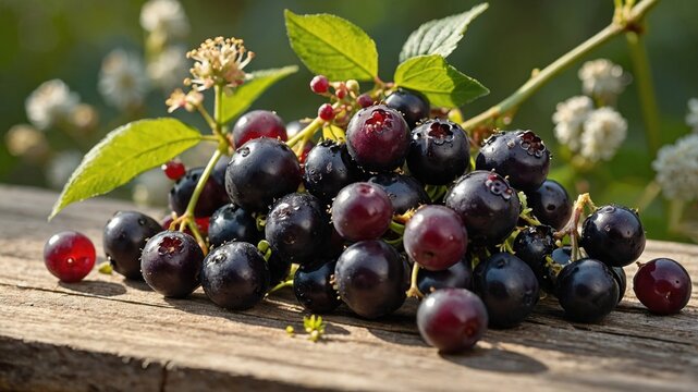 Freshly harvested blackcurrants and redcurrants on a rustic wooden surface in a vibrant garden setting