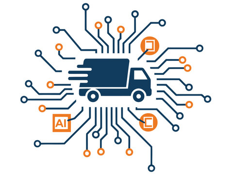 AI-powered logistics route icon featuring a truck integrated with circuit board design. Modern, digital, and visually appealing for business and technology themes.