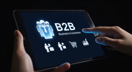 Business to Business Concept on Tablet with Person Touching Screen Showing Digital Interface Icons