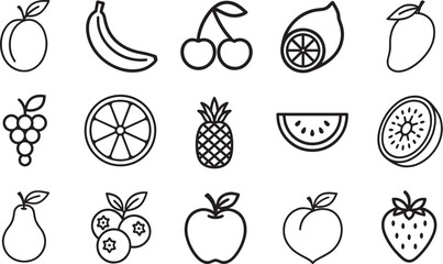 a variety of fruits, each rendered in a clean, modern line style, which are isolated for versatile design application.