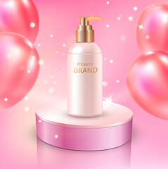 Conceptual beauty illustration featuring a realistic pearlescent cosmetic jar on a pink podium, surrounded by glossy pink balloons on a soft pastel background. Ideal for skincare branding, cosmetic ad